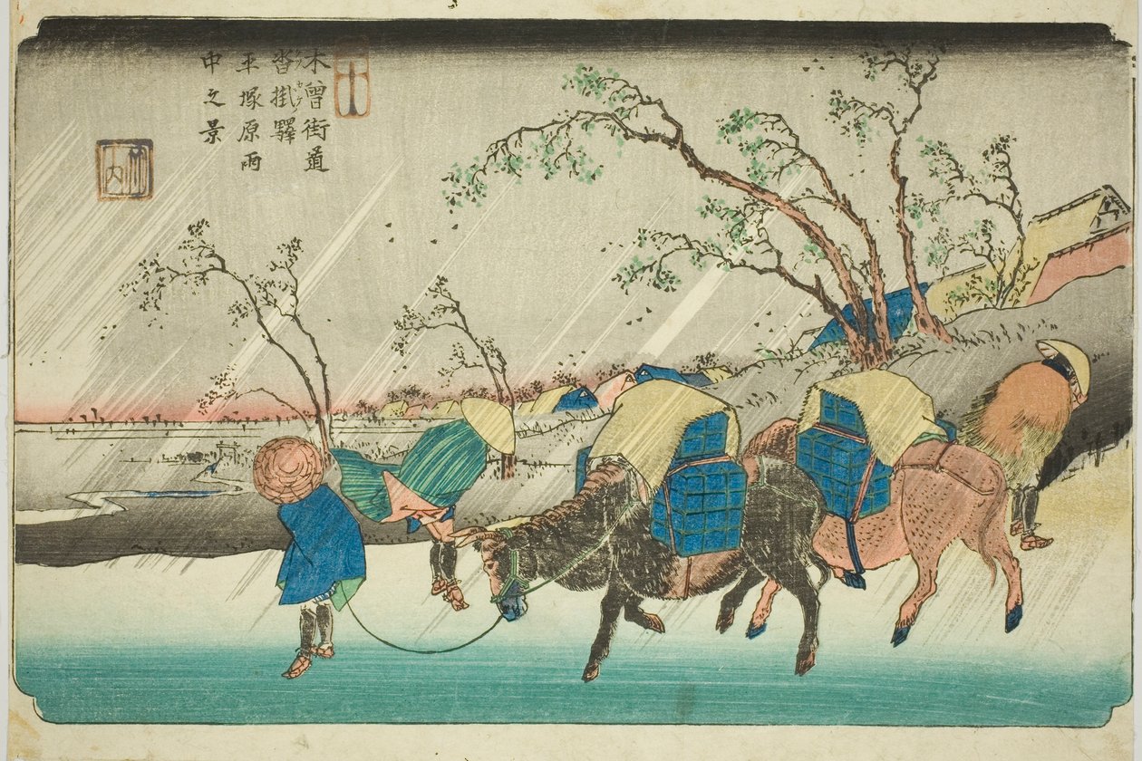Nro 20: Sade Hiratsukan tasangolla lähellä Kutsukake-asemaa (Niju: Kutsukake no eki, Hiratsukahara uchu no kei), sarjasta "[Sixty-nine Stations of the] Kisokaido (Kisokaido [rokujukyu tsugi no uchi])" tekijältä Keisai Eisen