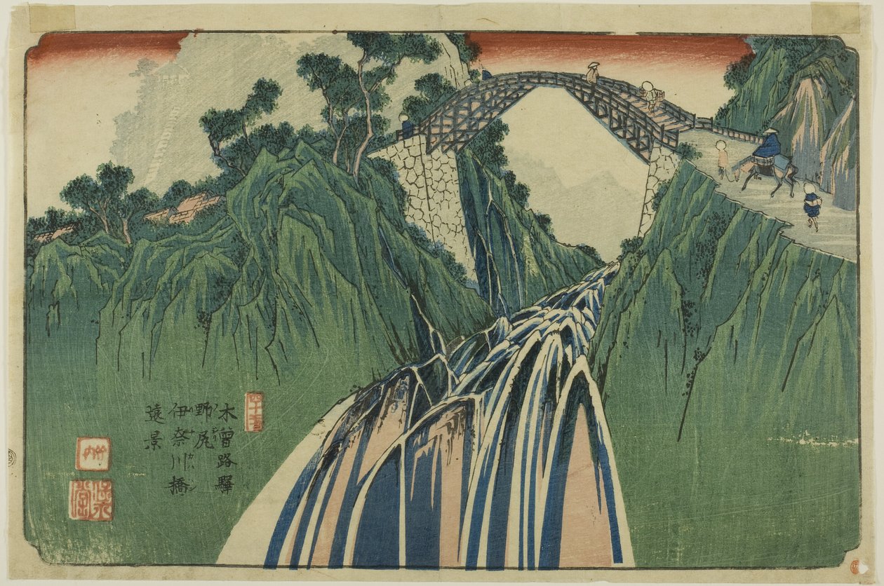 Nro 41: Kaukaisnäkymä Ina-joen sillalle Nojirissa (Yonjuichi: Noriji Inagawabashi enkei), sarjasta "[Sixty-nine Stations of the] Kisokaido". tekijältä Keisai Eisen