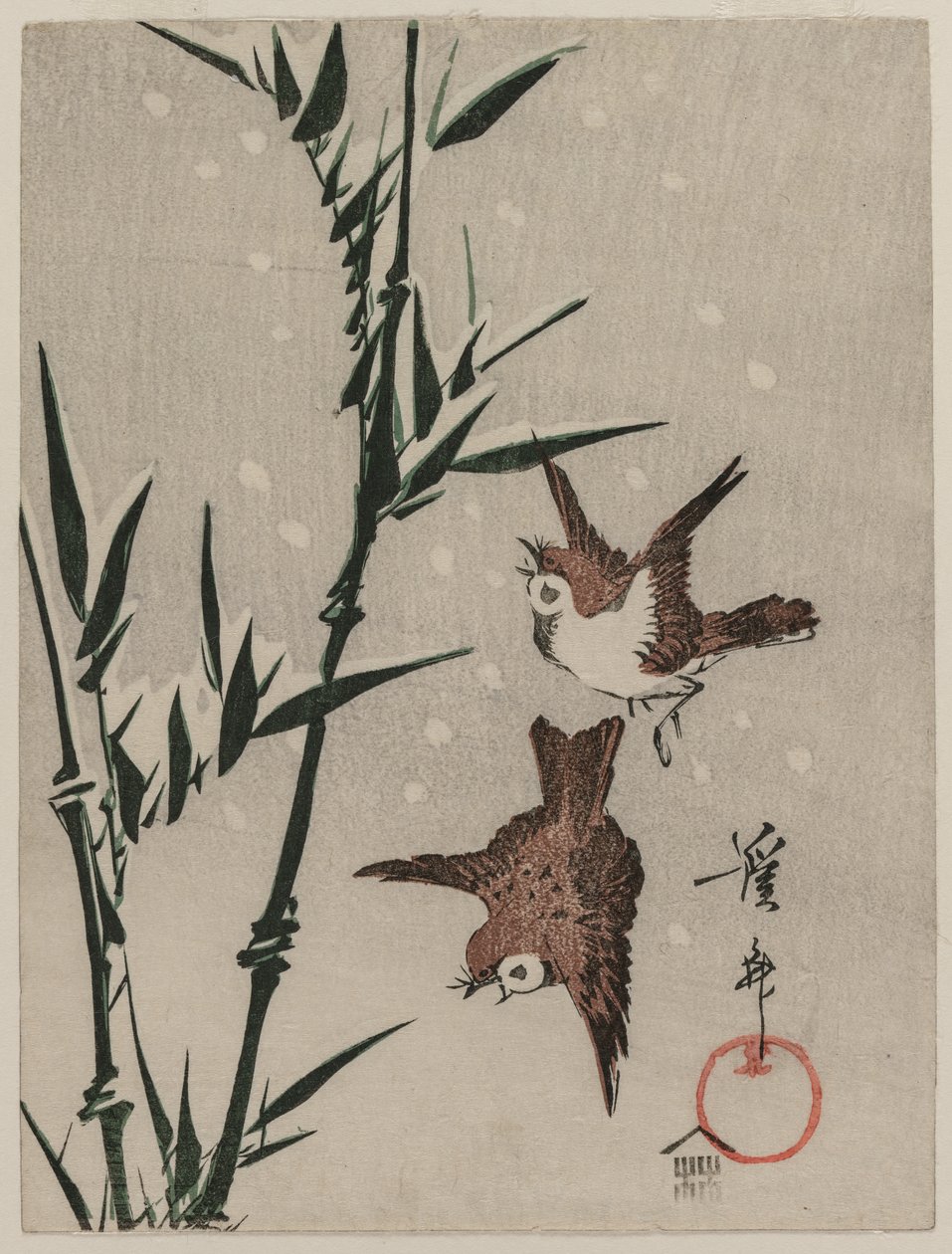 Varpuset, bambu ja putoava lumi, c. 1820-luvun lopulla. tekijältä Keisai Eisen