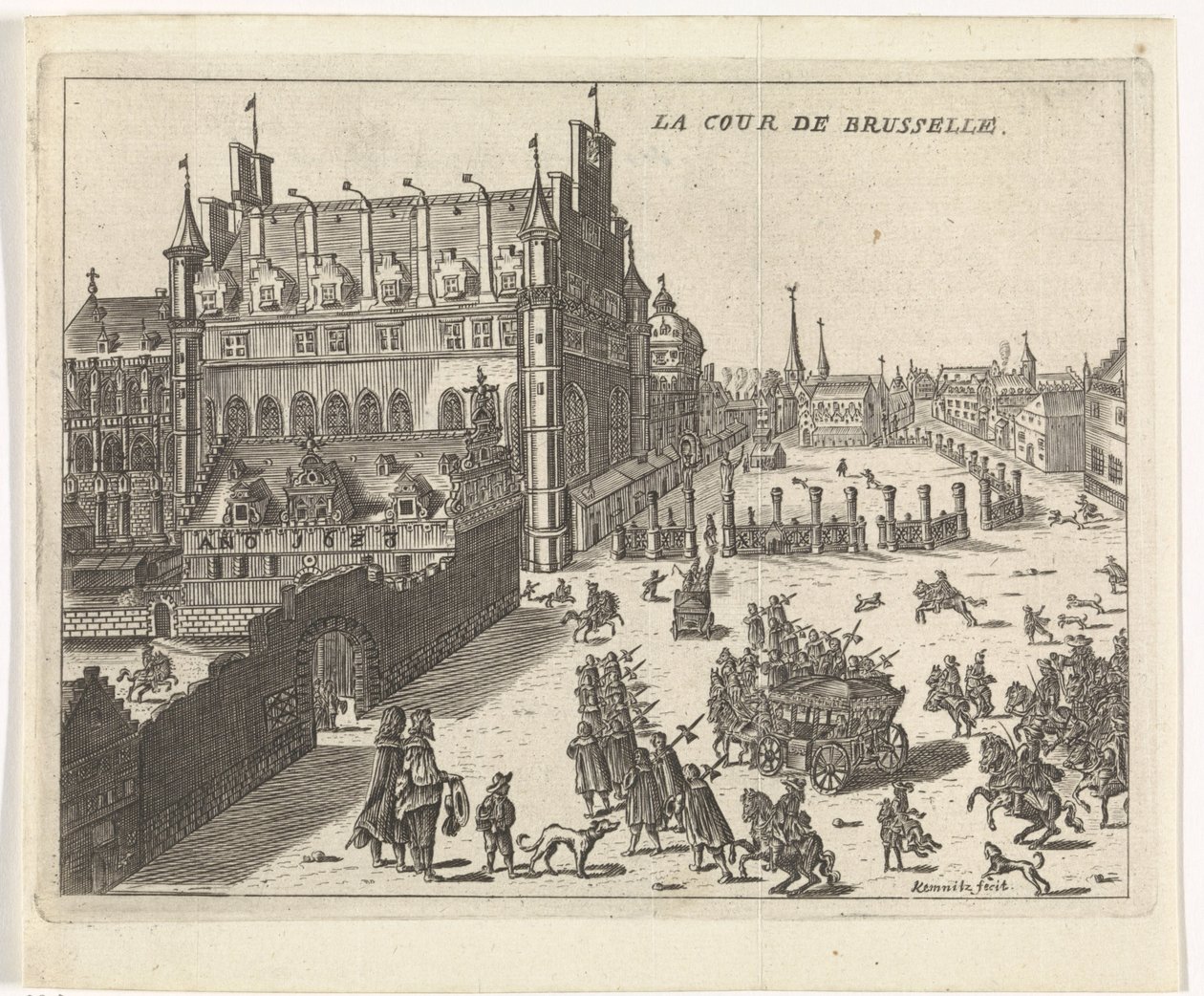 Näkymä Brysselin tuomioistuimesta, 1673. La cour de Brusselle (otsikko esineessä) tekijältä Kemnitz