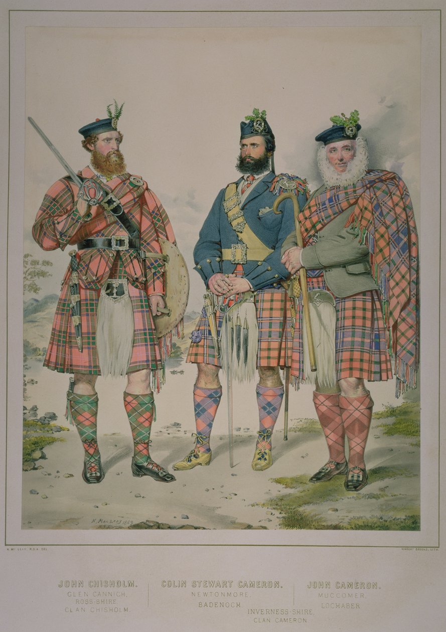 Kolmoismuotokuva John Chisholmista, Colin Stewart Cameronista ja John Cameronista, Chisholmin ja Cameronin klaanin miehistä, julkaistu The Highlander of Scotlandissa 1870, 1869 (wc ja muste paperilla) tekijältä Kenneth Macleay