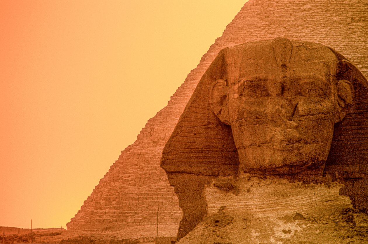 Auringonlasku Gizan tasangolla ja pyramideilla, Egypti,Vanha valtakunta,Sfinks,Sfinksi tekijältä Kenneth Garrett
