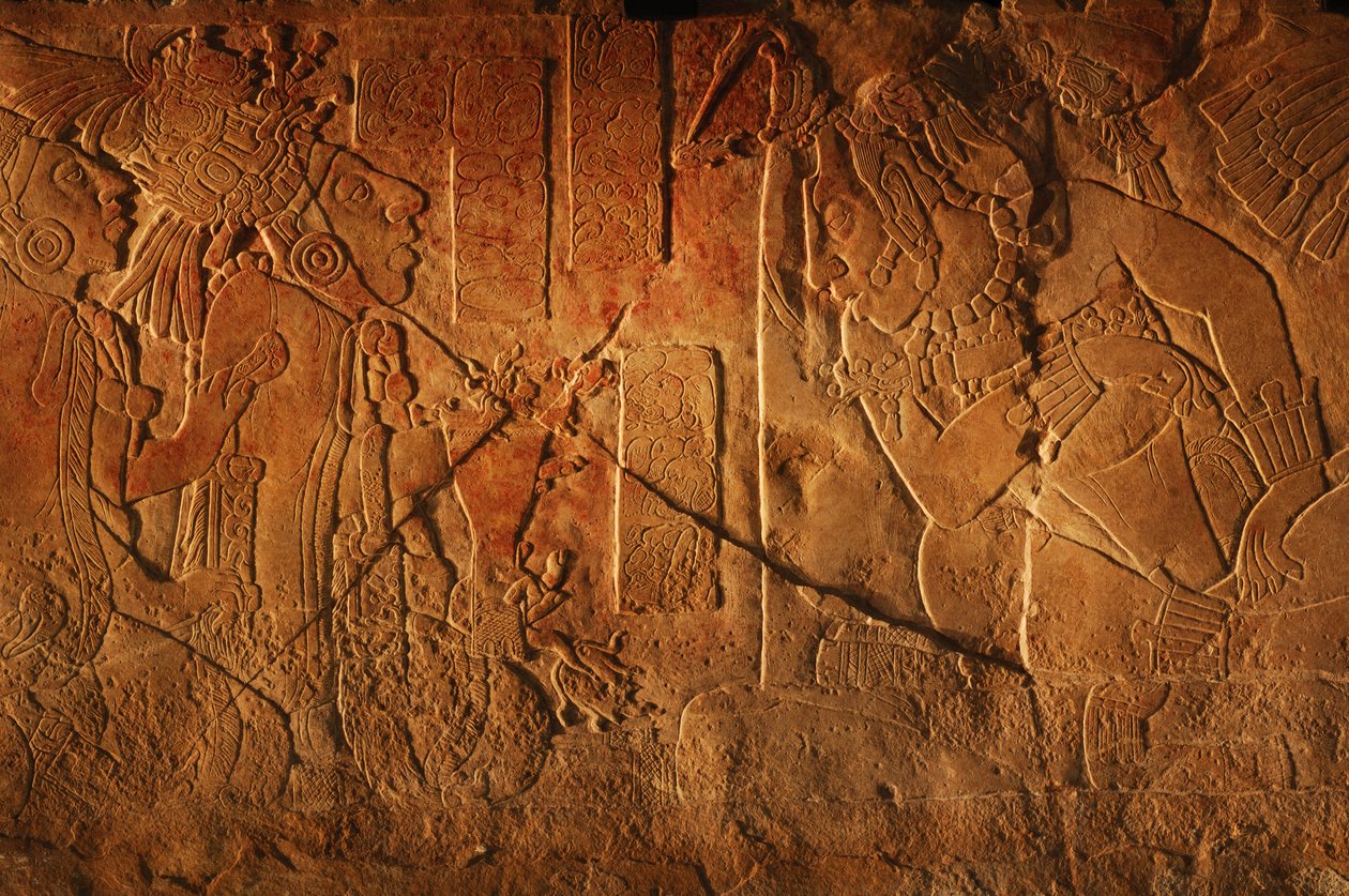Temppeli 19 valtaistuinpenkki, Palenque, Meksiko, Akhal Mo Nabin kaiverrus, 2005 (kuva) tekijältä Kenneth Garrett