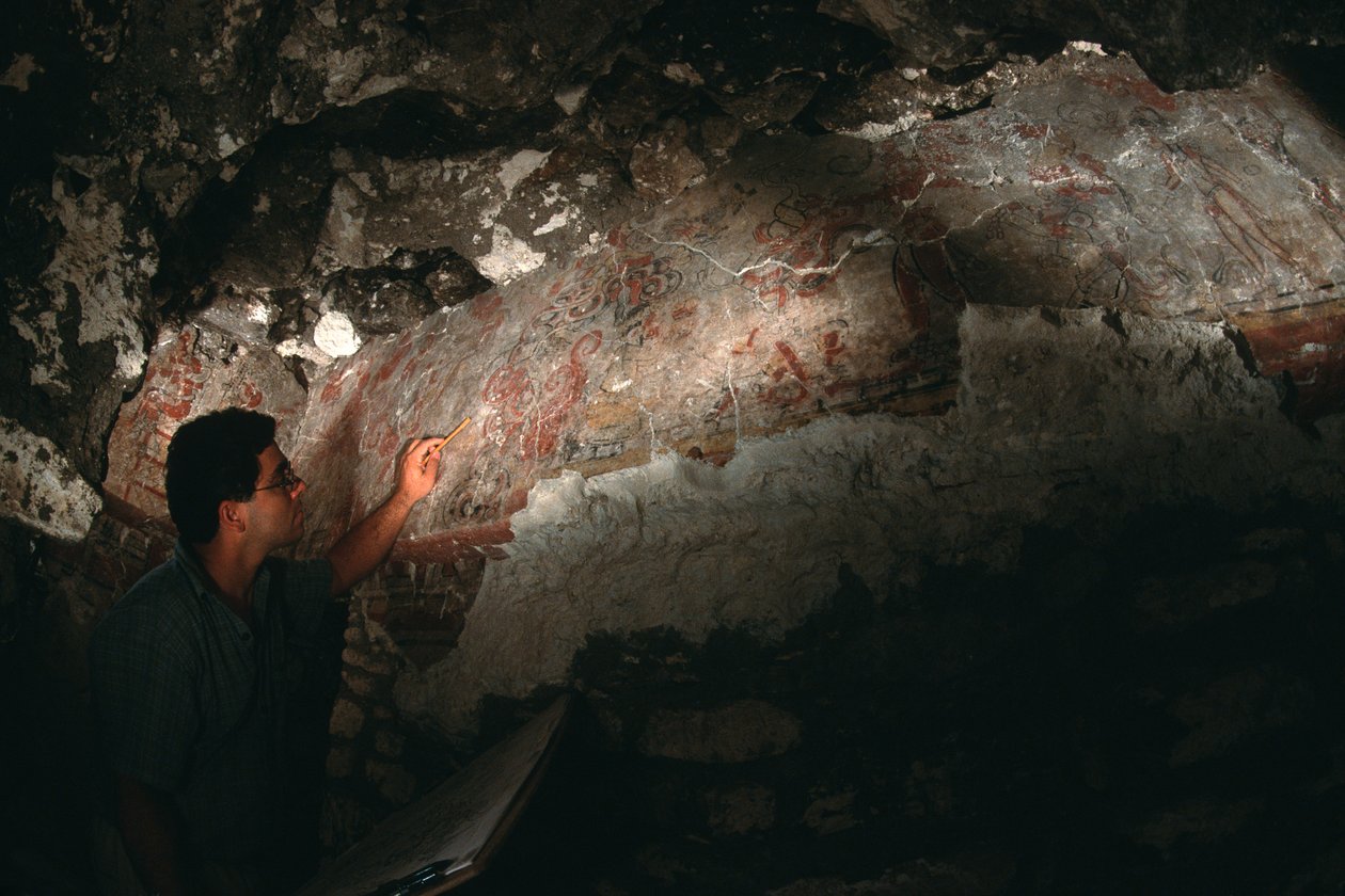 William Saturno tarkastaa seinämaalausta; San Bartolo; Guatemala; Maya, 2002 (kuva) (kuva) tekijältä Kenneth Garrett