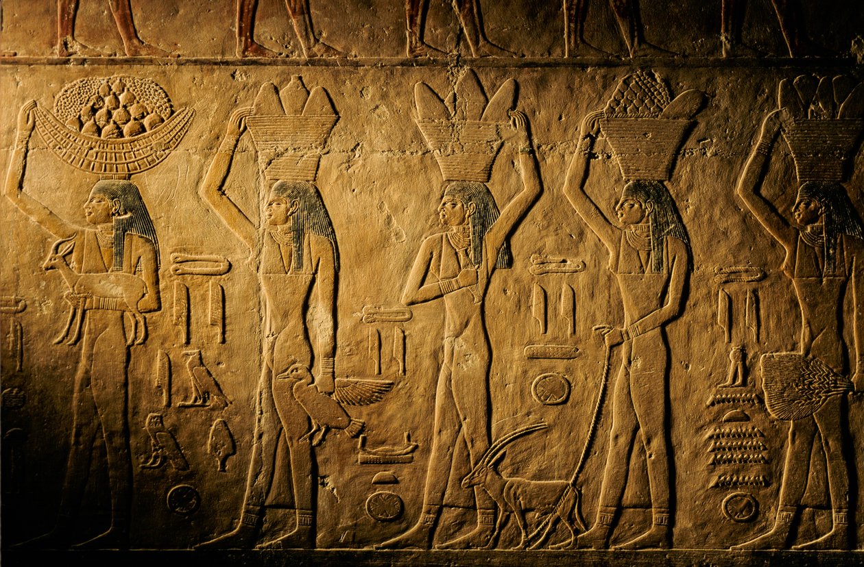 Naiset kantavat leipää, lintua, vuohta ja tuotteita, Tiyen hauta, Egypti; Vanha valtakunta; Saqqa... tekijältä Kenneth Garrett