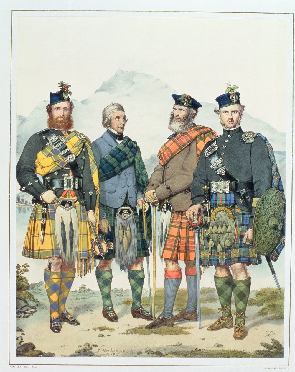 John MacLachlan, Hugh Grahame, James MacFarlane ja Angus Colquhoun, neljä Queen Victorian "Highlanders", kaiverrus Vincent Brooks, 1869 tekijältä Kenneth Macleay
