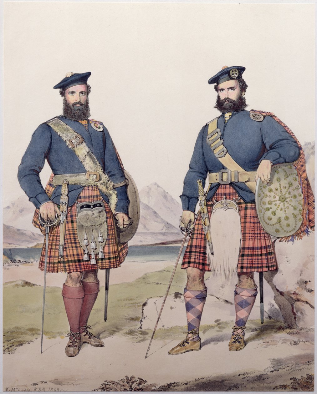 Kaksi miestä Highland-puvussa, kaiverrettu Vincent Brooksin toimesta, 1868. tekijältä Kenneth Macleay