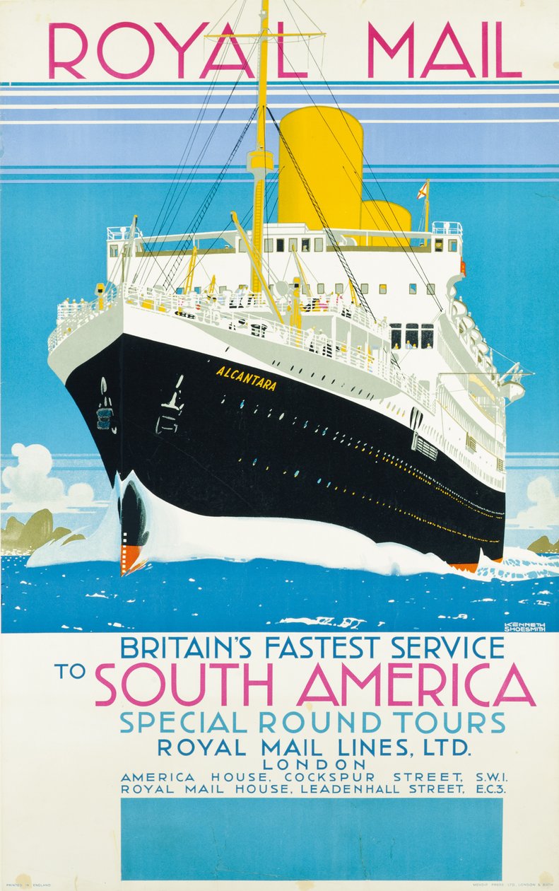 Juliste, joka mainostaa Royal Mail -palvelua Etelä-Amerikkaan, n. 1930 (värilitografia) tekijältä Kenneth Shoesmith