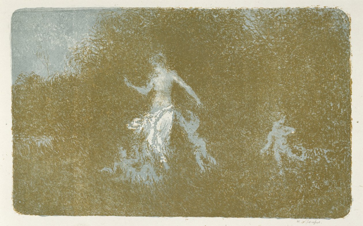 Amour jouant aupres dune nymphe (Rakkaus leikkii nymfin kanssa), noin 1900 (värilitografia) tekijältä Ker Xavier Roussel