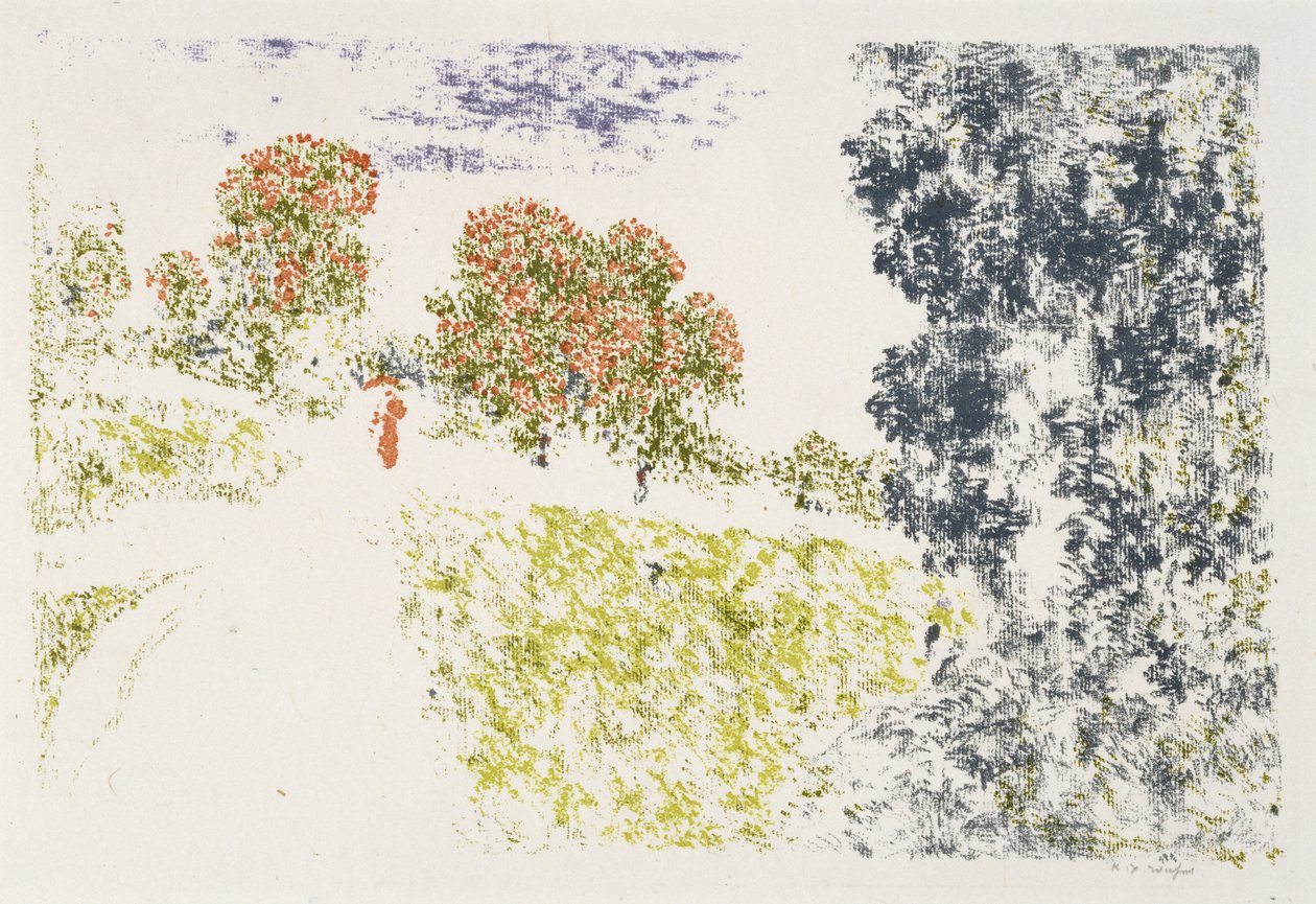 Punapukuinen nainen maisemassa, 1899-1900 (värilitografia) tekijältä Ker Xavier Roussel