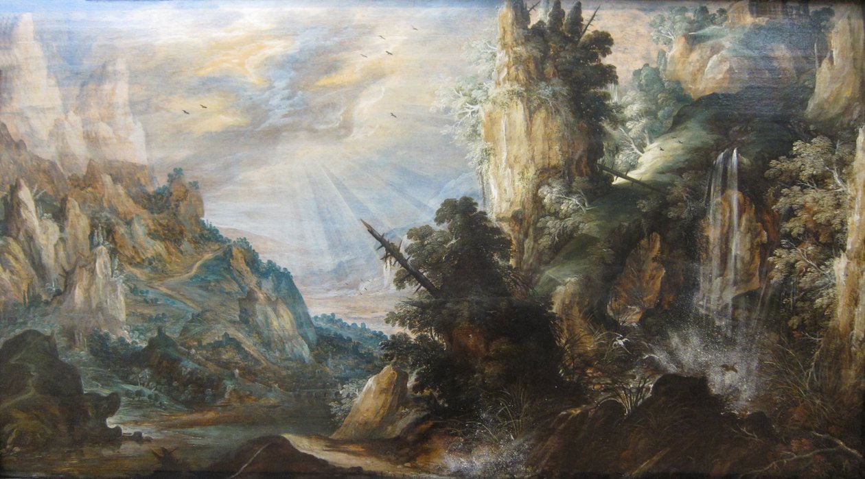 Kerstiaen de Keuninckin "Vuoristomaisema vesiputouksen kanssa", noin 1600. tekijältä Kerstiaen de Keuninck