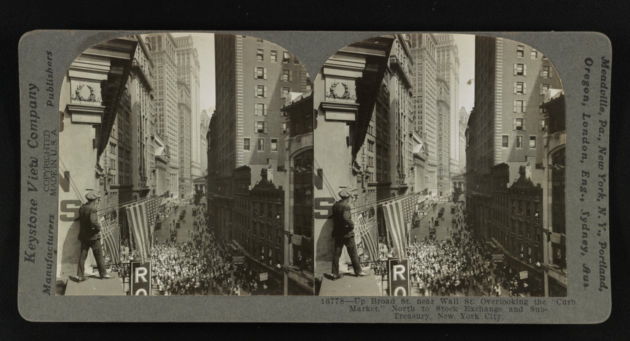Broad St. lähellä Wall St., näkymät "Curb Marketille", pohjoiseen Stock Exchangeen ja Sub-Treasuryyn, New York City, New York City tekijältä Keystone View Company