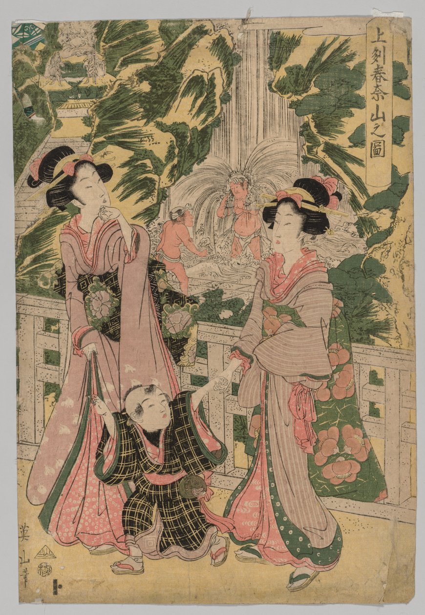Kaksi tyttöä ja lapsi Temple Bridgellä, 1787-1867. tekijältä Kikugawa Eizan