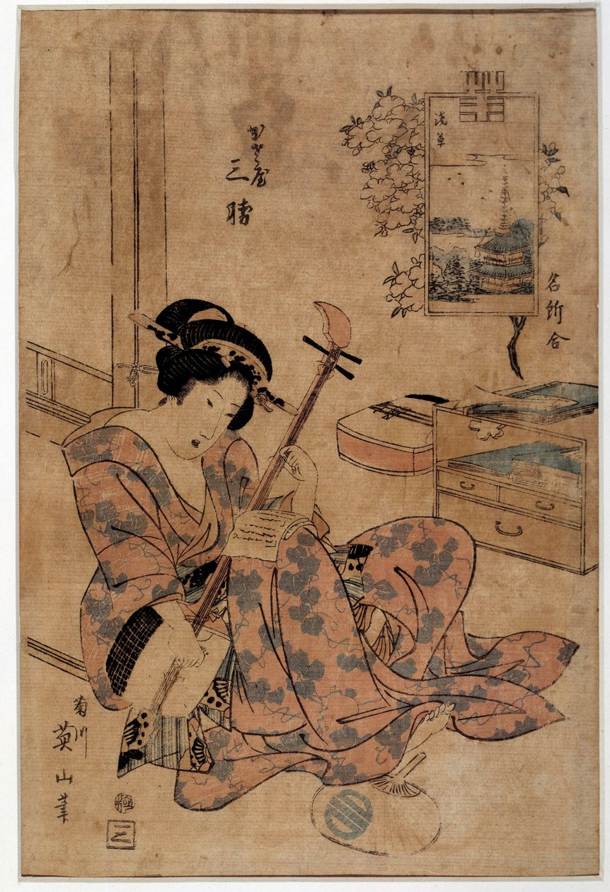 Japanin taide: muusikko. Eizan Kikugawan (1787-1867) grafiikkaa 1700-luvulta Rennes, Musee des Beaux Arts tekijältä Kikukawa Eizan