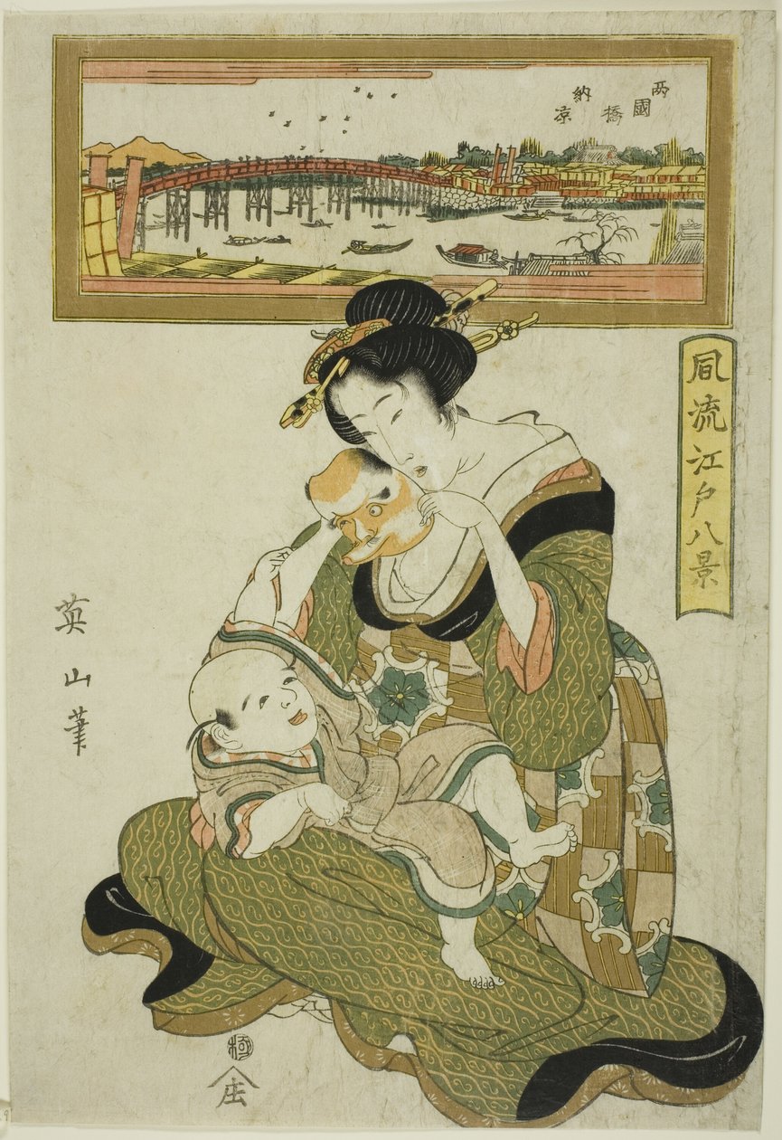 Nautitaan iltaviileydestä Ryogoku-sillalla (Ryogokubashi noryo), sarjasta "Furyu Edo hakkei (Furyu Edo hakkei)" tekijältä Kikukawa Eizan