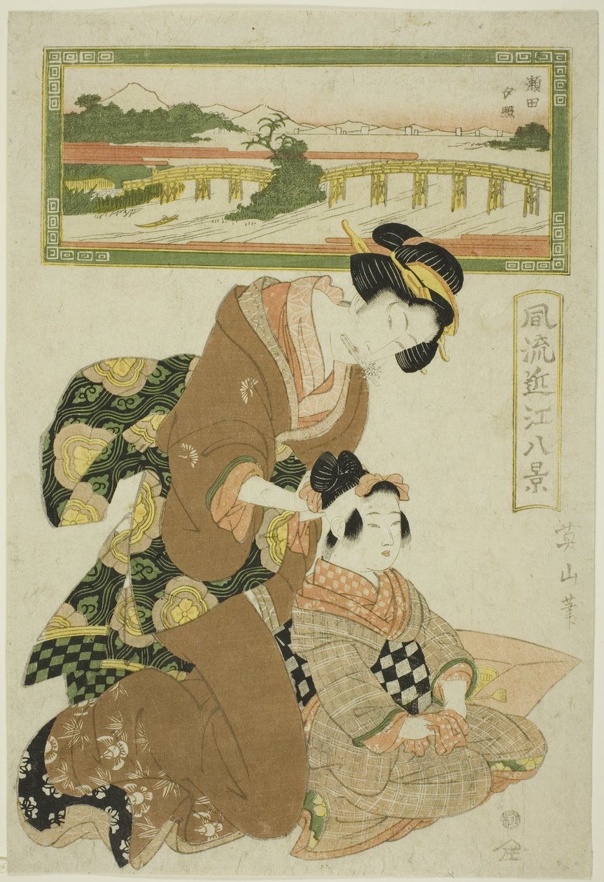 Iltahohto Setalla (Seta sekisho), sarjasta "Furyu Omi hakkei (Furyu Omi hakkei) muodikkaat näkymät" tekijältä Kikukawa Eizan