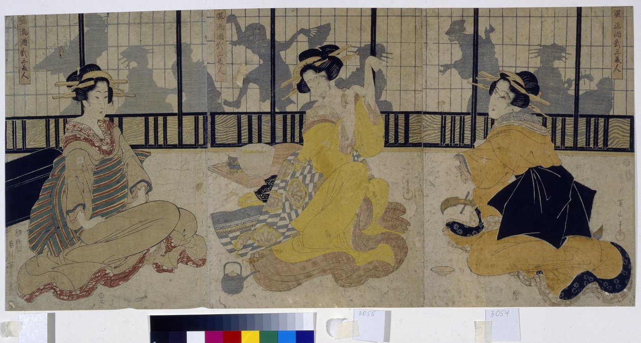 Kolmen kauneuden festivaali. (Kolmen kauneuden juhla). Kolmen kurtisaanin (geisha, geiko) ryhmä Edo- tai Tokugawa-kaudelta (1600-1868) teehuoneessa (ochaya). Kikukawa Eizanin (1787-1867) teos, puupiirros (painos) 1814. Art i tekijältä Kikukawa Eizan