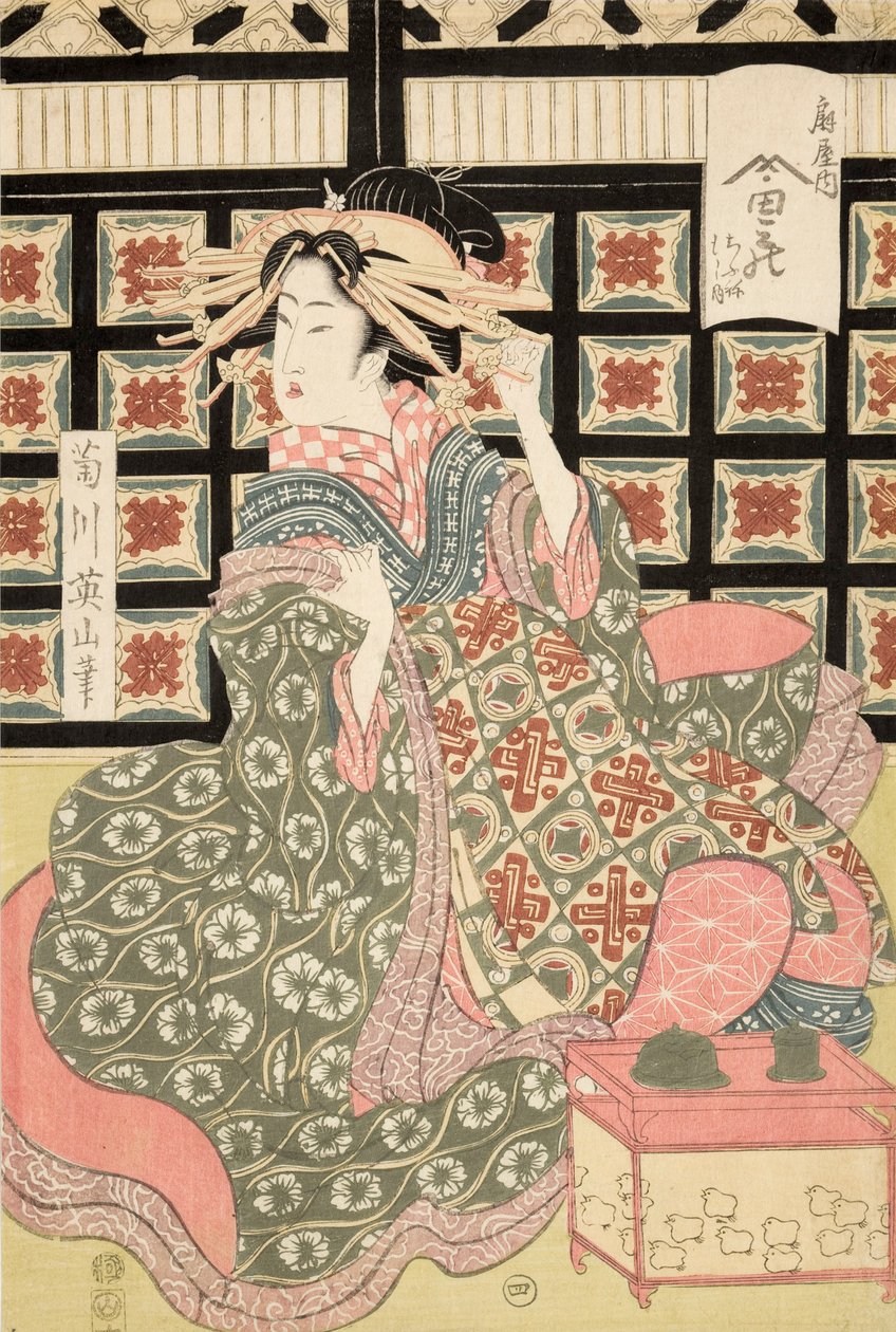 Eizanin Ukiyo-e-printti Courtesanista, n. 1810 (värillinen puupalikkaprintti) tekijältä Kikukawa Eizan