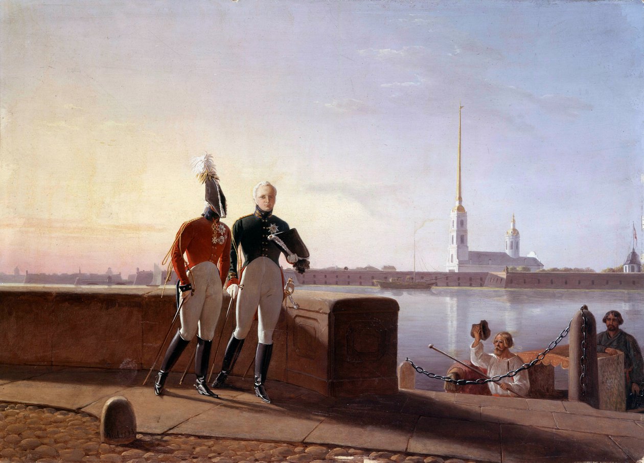 Venäjän tsaari Aleksanteri I (1777-1825) ja hänen veljensä Konstantinus Nevan reunalla Kilin (1800-luvulla) maalaus Eremitaaši, Pietari tekijältä Kil
