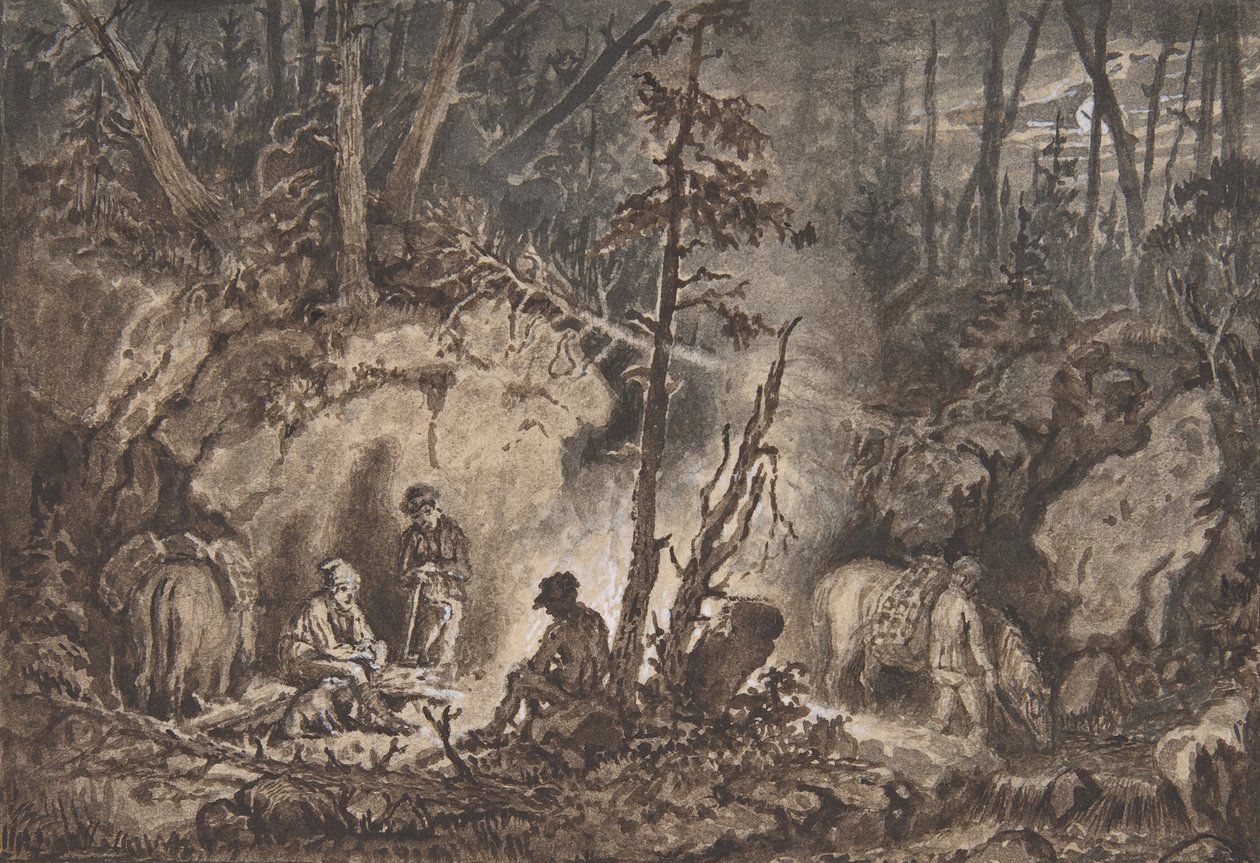 Metsästäjät lepäämässä metsässä yöllä, 1830-60. tekijältä Kilian Christoffer Zoll