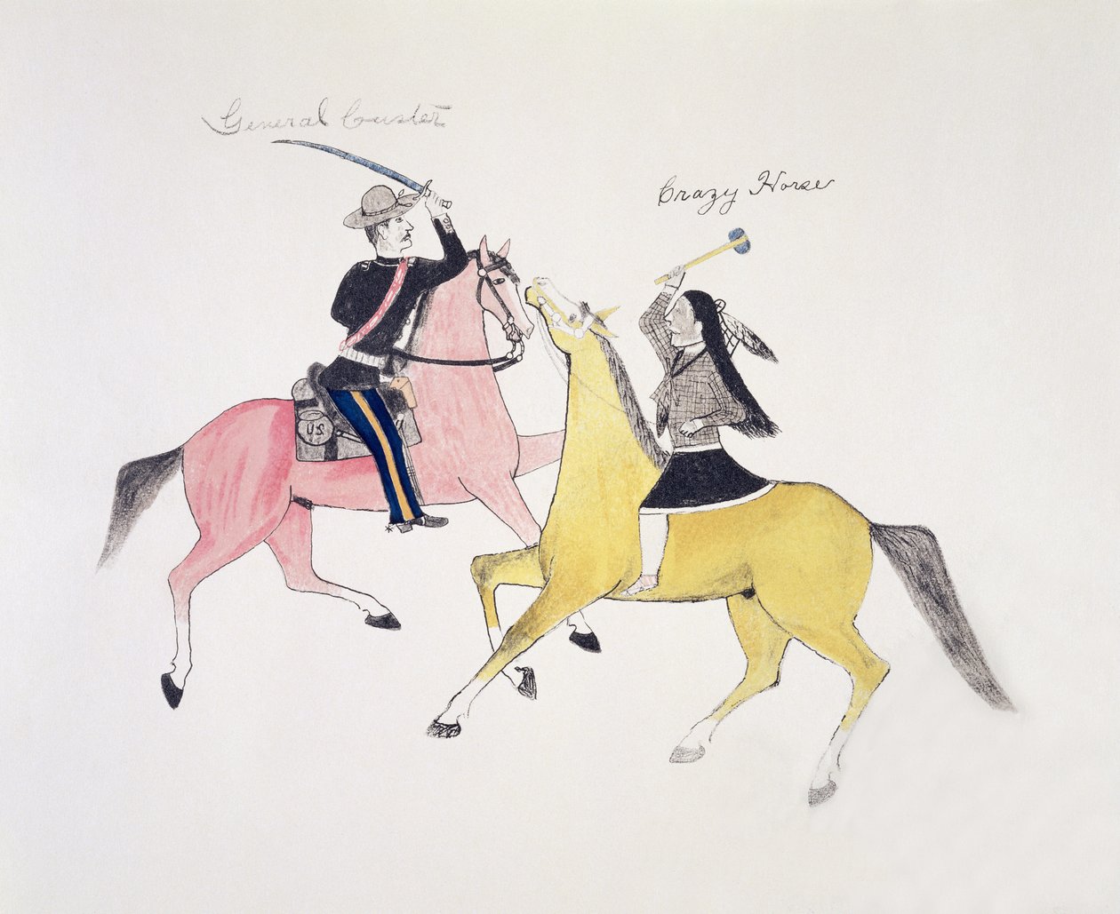 Symbolinen kuvaus intiaanien ja valkoisten välisestä konfliktista, jota edustavat heidän kaksi kuuluisinta johtajaansa, kenraali Custer ja Crazy Horse (pigmentti kankaalle) tekijältä Kills Two