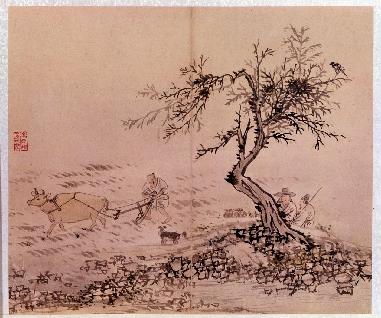 Taiteen ydin: kyntökohtaus. Kim Hong-don (Kim Hong Do) tai Danwonin (1745-n. 1806) vedoksia tekijältä Kim Hong Do