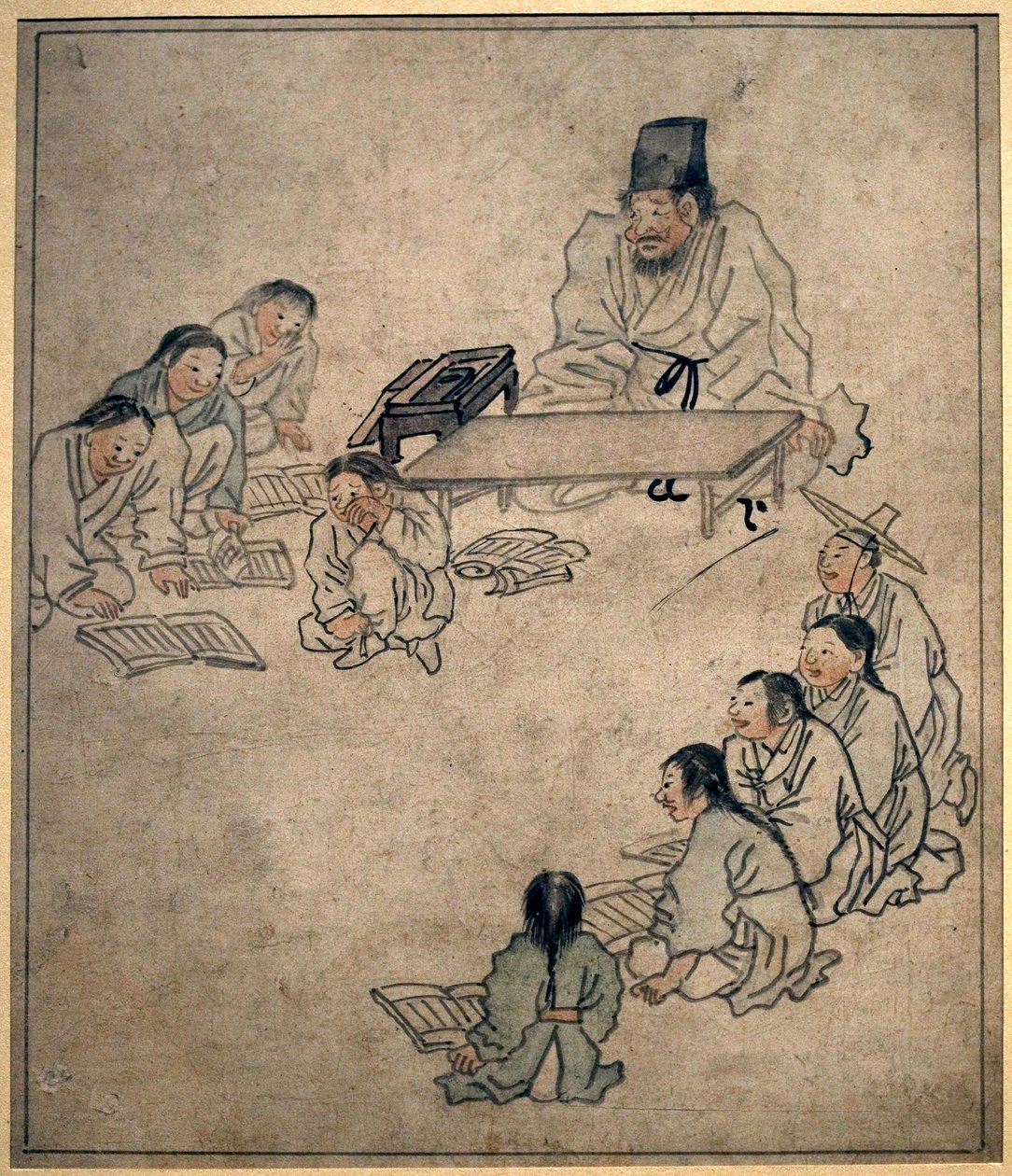 Koululuokka. Danwonin (Kim Hongdo) (1745-1806) maalaus, muste paperille, Coreen-taide, aikakausi Joseon (Choson) 1700-luku. Korean kansallismuseo, Soul (Etelä-Korea). tekijältä Kim Hong Do