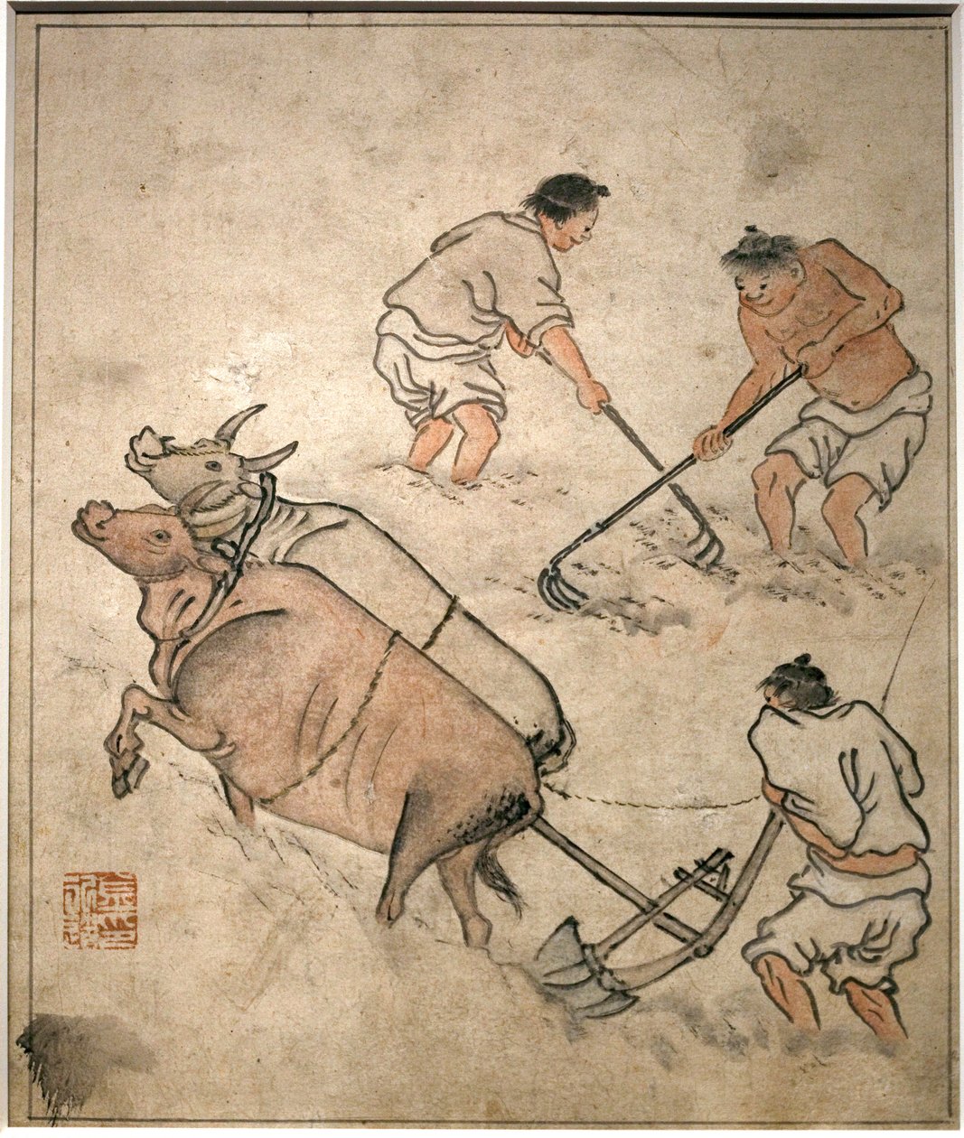Maataloustyön kohtaus. Danwonin (Kim Hongdo) (1745-1806) maalaus, muste paperille, Coreen-taide, aikakausi Joseon (Choson) 1700-luku. Korean kansallismuseo, Soul (Etelä-Korea). tekijältä Kim Hong Do