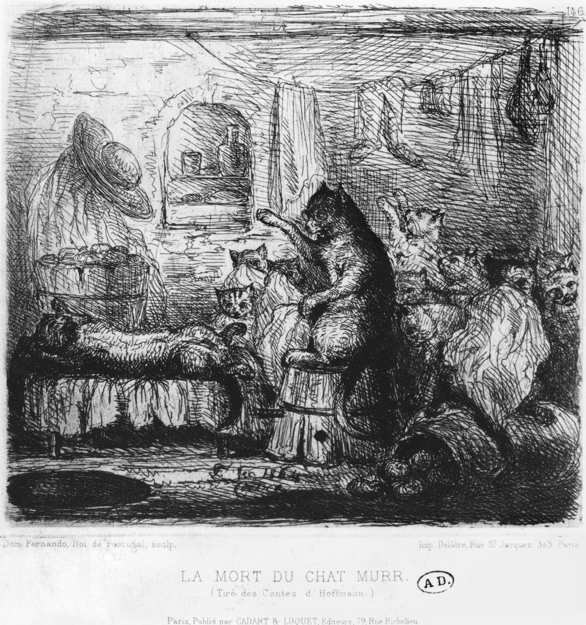 Cat Murrin kuolema, Ernst Theodor Amadeus Hoffmannin (1776-1822) kuvitus Die Lebensansichten des Katers Murrista, julkaistu 1820-22 tekijältä King of Portugal Fernando II
