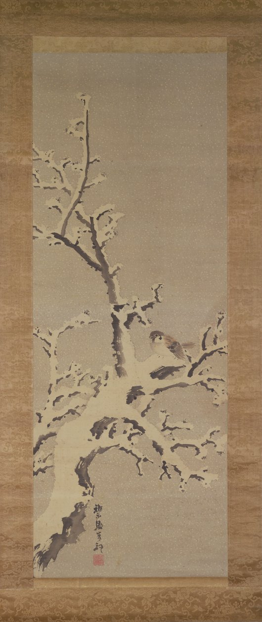 Varpunen puussa lumimyrskyssä, n.1800 (väri paperilla) tekijältä Kishi Ganku