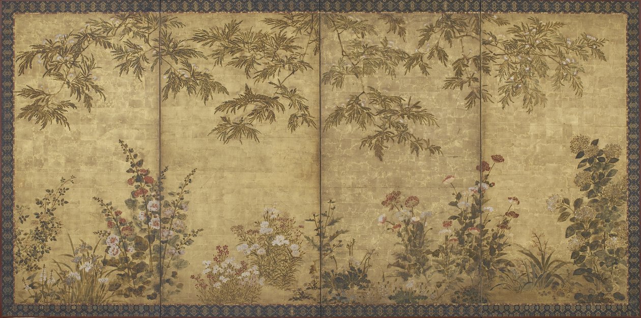 Mimosapuu, unikot, hollyhocks ja muut kukat, Edo-kausi, 1630-70 (muste, väri ja kulta paperille) tekijältä Kitagawa Sosetsu
