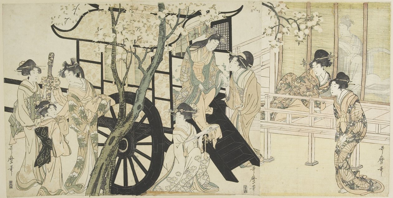 (Kirsikankukkien katsominen keisarilliseen vaunukohtaukseen verrattuina), c. 1798 tekijältä Kitagawa Utamaro