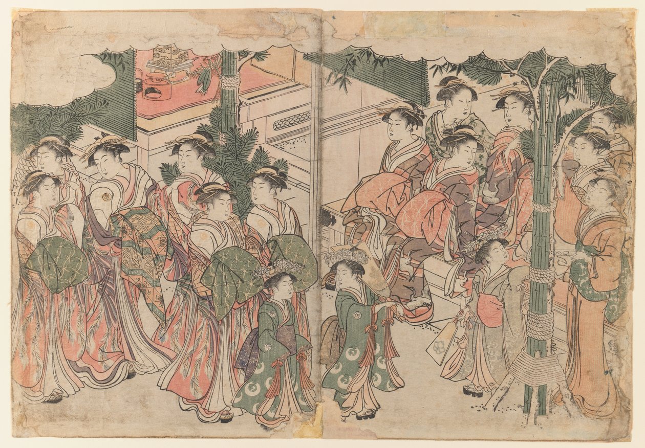 Courtesans Entourage uudenvuodenjuhlilla, n. 1785 (diptyykki) tekijältä Kitagawa Utamaro