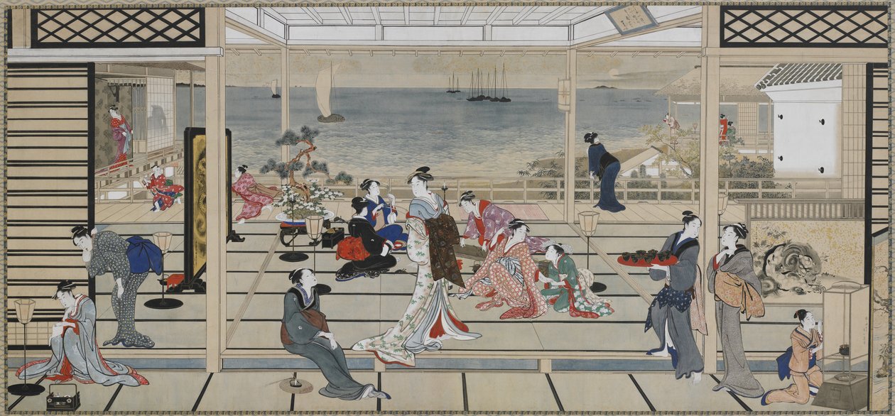 Moonlight Revelry at Dozo Sagami, Edo-kausi, 1700-luvun loppu - 1800-luvun alku (tussi ja väri paperille). tekijältä Kitagawa Utamaro