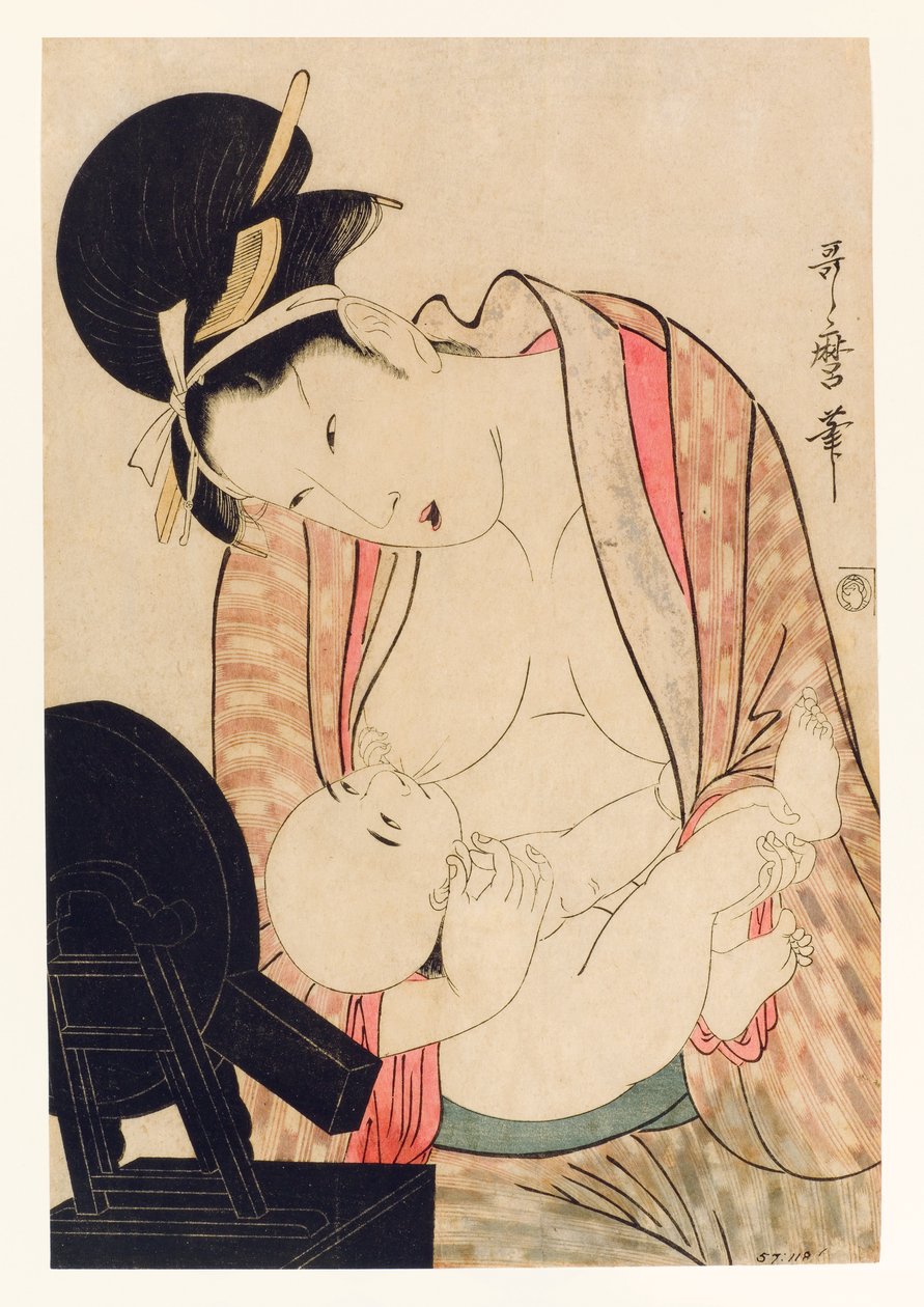 Äiti imettää lastaan peilitelineen edessä, n.1800-04 (puupalikka) tekijältä Kitagawa Utamaro