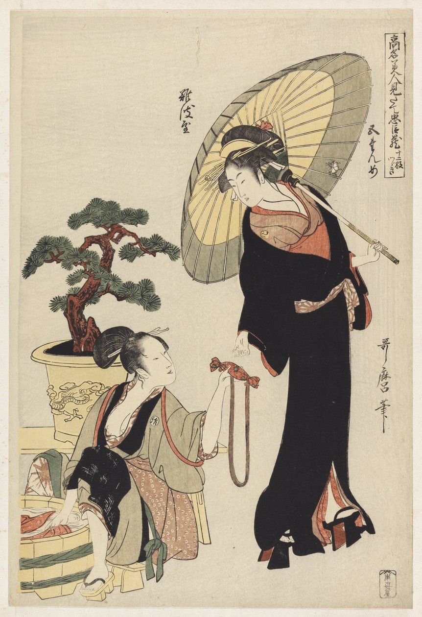 P.352-1945 Kohtaus 5, Julistettujen kaunokaisten ja uskollisen liigan vertailu, n. 1797 (värillinen puupainatus) tekijältä Kitagawa Utamaro