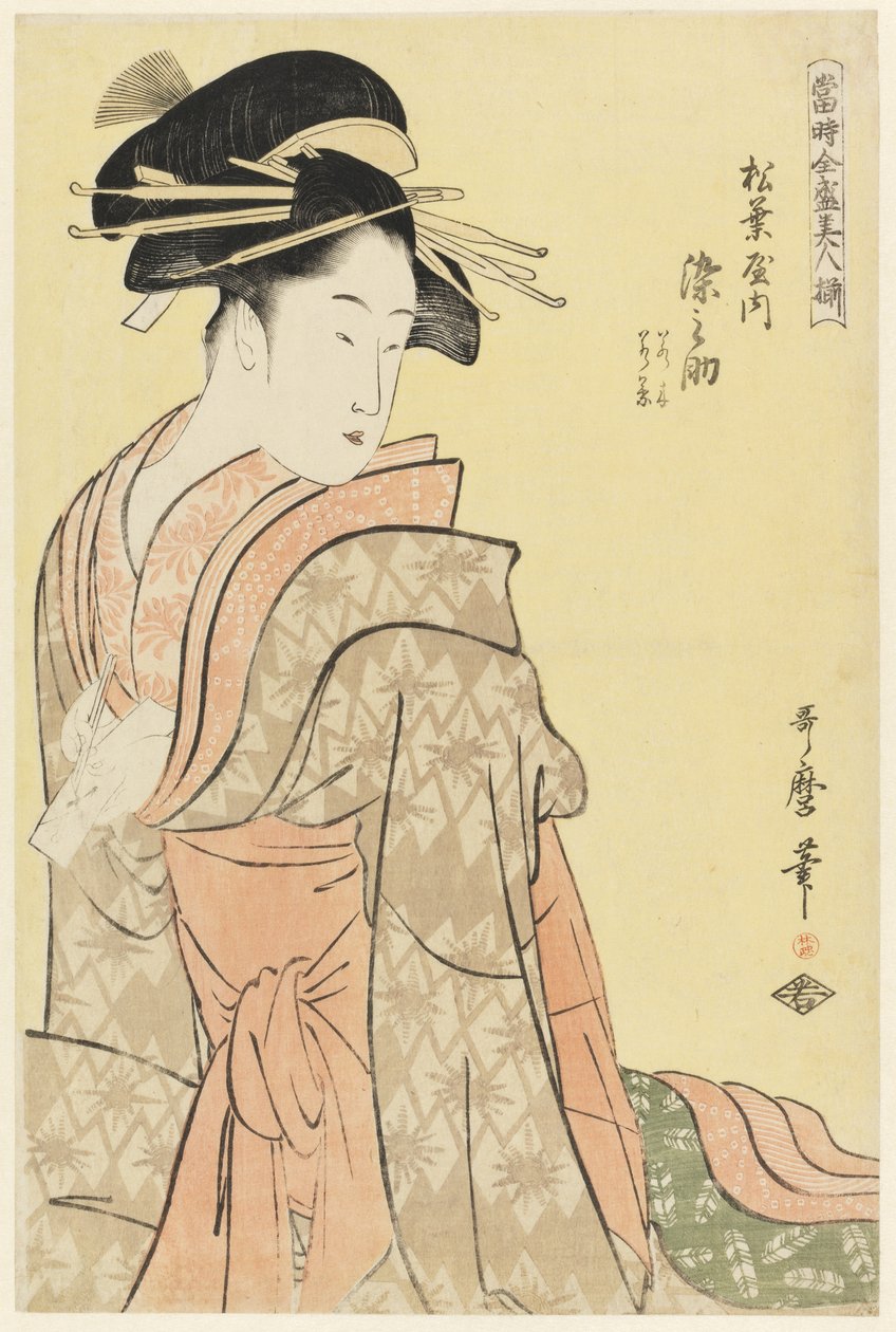 Somenosuke of Matsubaya, sarjasta "Array of Supreme Beauties of the Present Day", n. 1794 (puupainatus) tekijältä Kitagawa Utamaro