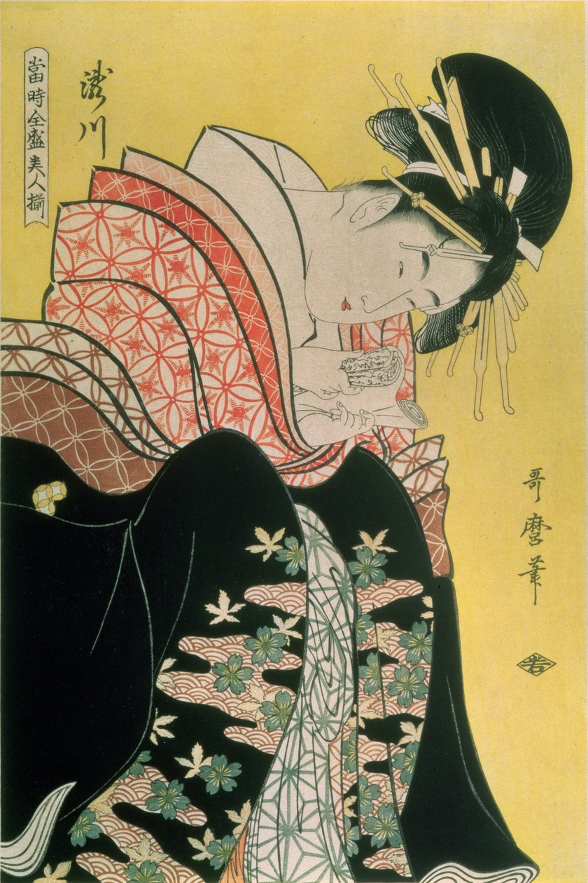 Takigawa, Tea-House, Ogi (värillinen puupalikkaprintti) tekijältä Kitagawa Utamaro