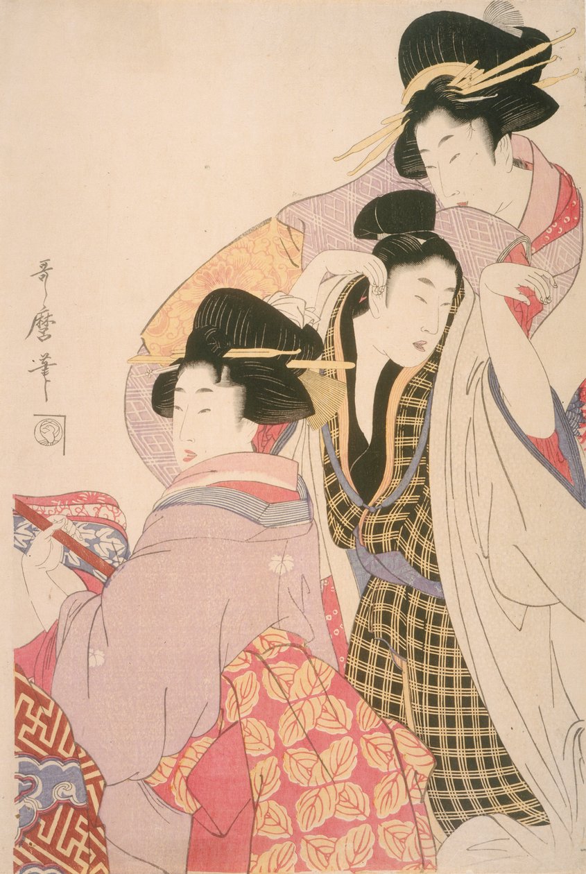 Kaksi Geishaa ja Tipsy Client tekijältä Kitagawa Utamaro