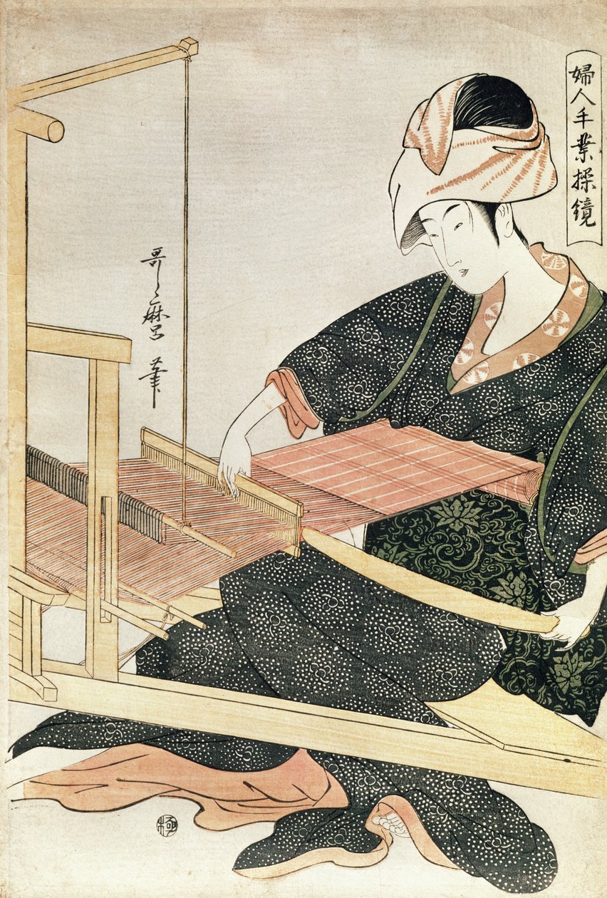 Nainen kudonta (puupalikkaprintti) tekijältä Kitagawa Utamaro