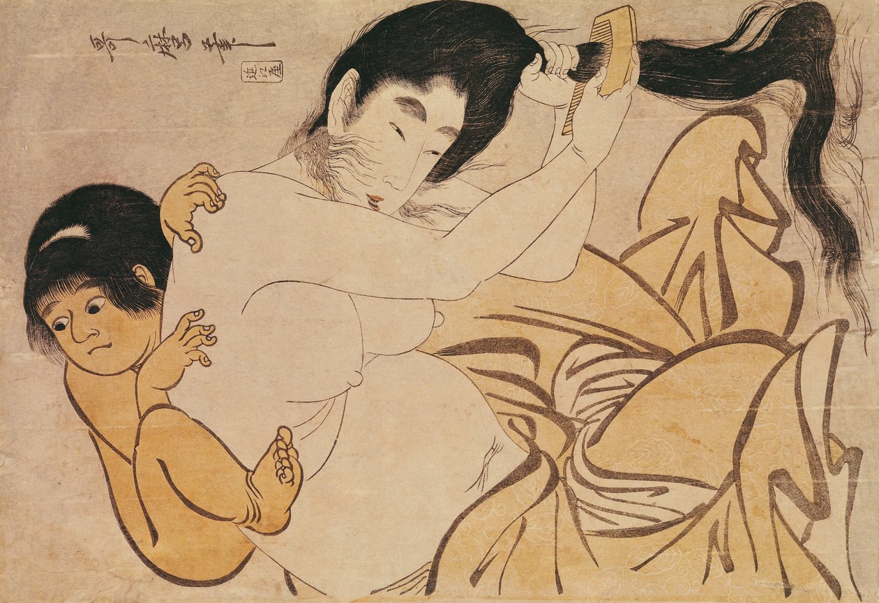 Yama-Uba, vuoren nainen Kintokin kanssa, hänen vauvansa (puupainatus) tekijältä Kitagawa Utamaro
