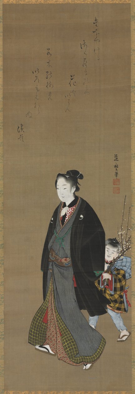 Mies kuljeskelemassa kukkivaa oksaa kantavan pojan kanssa, n. 1810. tekijältä Kitagawa Fujimaro