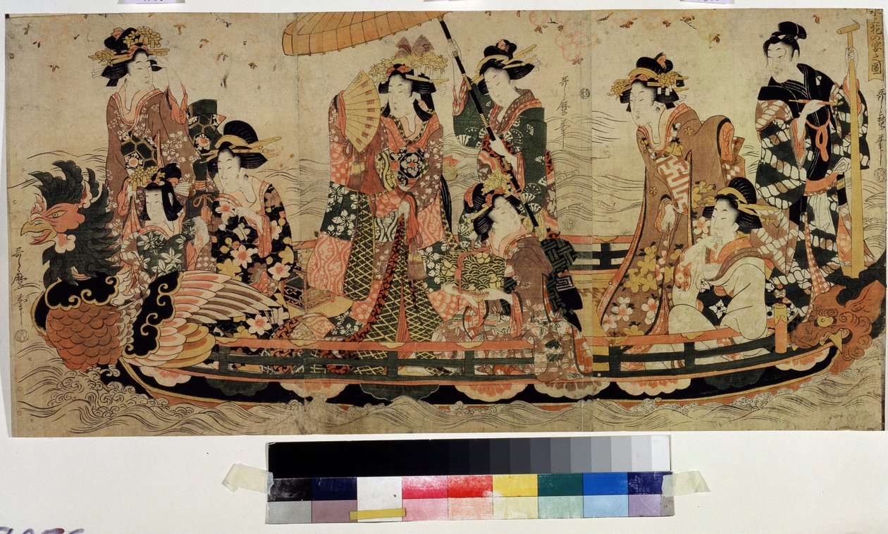 Ihaile kirsikankukkia (Hanami) (Cherry Blossom Viewing, Hanami). Painos Kitagawa Utamaro II (?-1831). Värisyövytys, 37 x 76 cm. Itämainen taide. Pushkin-museo, Moskova tekijältä Kitagawa II Utamaro