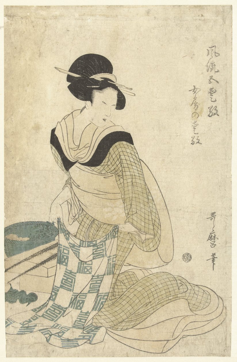 Kodin viehätys Nyobo no aiko (otsikko esineessä) Viisi tyylikästä hurmaa (sarjan nimi) Furyu goaiko (sarjan nimi esineellä) tekijältä Kitagawa Utamaro (attributed to)