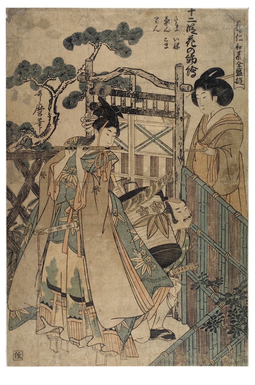 12 lukua kukkaisia brokaateja sarjasta Viihdyttävin Niwaka huvialueilta, n. 1758-1806 (puupainatus paperille) tekijältä Kitagawa Utamaro