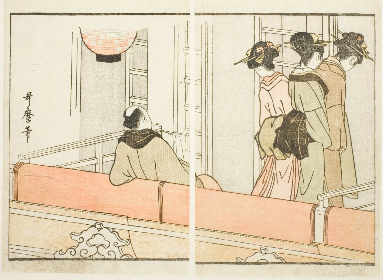 Kabuki-teatterin aitiopaikka, kuvakirjasta "Opas näyttelijöiden pukuhuoneisiin (Yakusha gakuya tsu)". tekijältä Kitagawa Utamaro