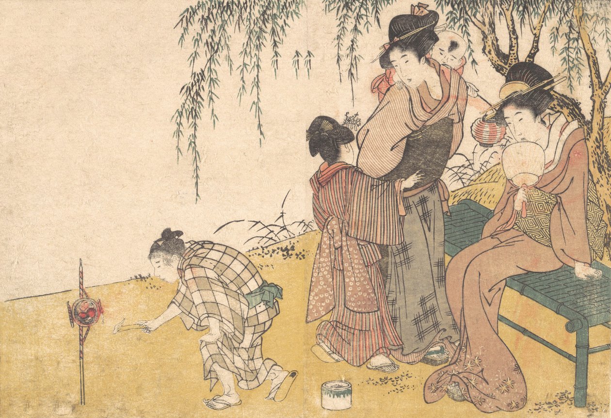 Lapsi sytyttää ilotulitus, kuvitetusta kirjasta Flowers of the Four Seasons, 1801. tekijältä Kitagawa Utamaro