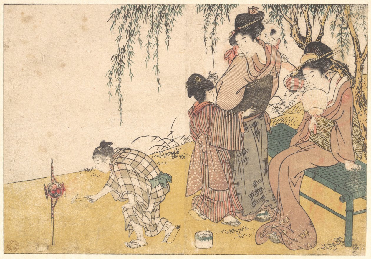 ”Lapsi sytyttää ilotulitteita”, kuvakirjasta *Neljän vuodenajan kukat* tekijältä Kitagawa Utamaro
