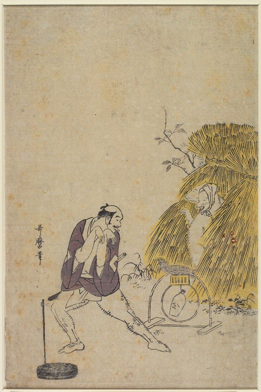 Palvelija (yakko) pilkkaamassa ketunloukkua tekijältä Kitagawa Utamaro