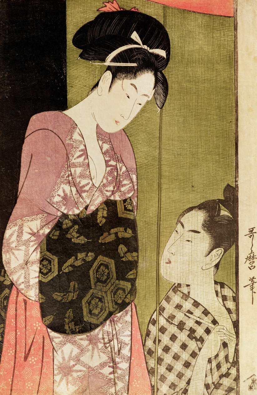Mies maalaa naista (puukiviprintti) tekijältä Kitagawa Utamaro
